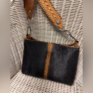 Leather Black Purse Cowhide Bag with Tan Accent DCL Custom Design Leather